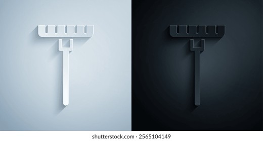 Paper cut Garden rake icon isolated on grey and black background. Tool for horticulture, agriculture, farming. Ground cultivator. Housekeeping equipment. Paper art style. Vector