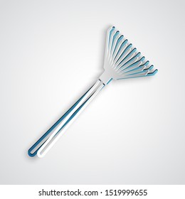 Paper cut Garden rake for leaves icon isolated on grey background. Tool for horticulture, agriculture, farming. Ground cultivator. Paper art style. Vector Illustration