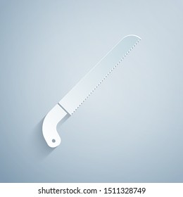 Paper cut Garden saw icon isolated on grey background. Paper art style. Vector Illustration