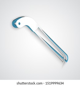 Paper cut Garden saw icon isolated on grey background. Paper art style. Vector Illustration
