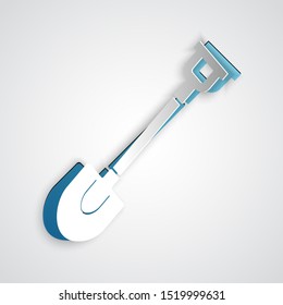 Paper cut Garden shovel icon isolated on grey background. Gardening tool. Tool for horticulture, agriculture, farming. Paper art style. Vector Illustration