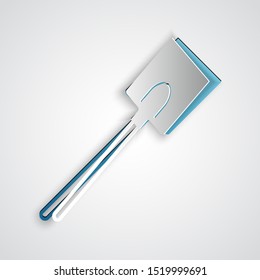 Paper cut Garden shovel icon isolated on grey background. Gardening tool. Tool for horticulture, agriculture, farming. Paper art style. Vector Illustration
