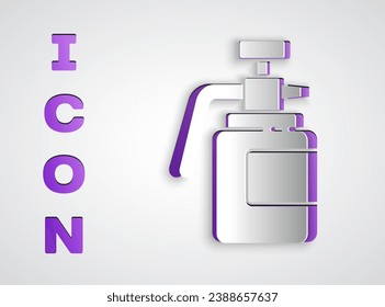 Paper cut Garden sprayer for water, fertilizer, chemicals icon isolated on grey background. Paper art style. Vector Illustration