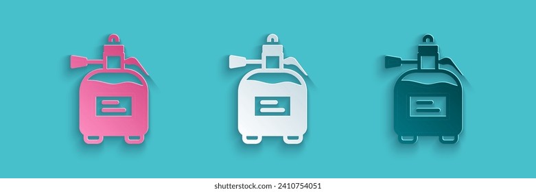 Paper cut Garden sprayer for water, fertilizer, chemicals icon isolated on blue background. Paper art style. Vector