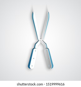 Paper cut Gardening handmade scissors for trimming icon isolated on grey background. Pruning shears with wooden handles. Paper art style. Vector Illustration