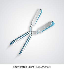 Paper cut Gardening handmade scissors for trimming icon isolated on grey background. Pruning shears with wooden handles. Paper art style. Vector Illustration