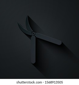 Paper cut Gardening handmade scissors for trimming icon isolated on black background. Pruning shears with wooden handles. Paper art style. Vector Illustration