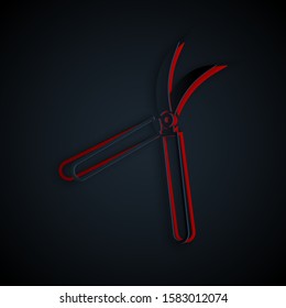 Paper cut Gardening handmade scissors for trimming icon isolated on black background. Pruning shears with wooden handles. Paper art style. Vector Illustration