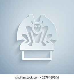 Paper cut Gargoyle on pedestal icon isolated on grey background. Paper art style. Vector.