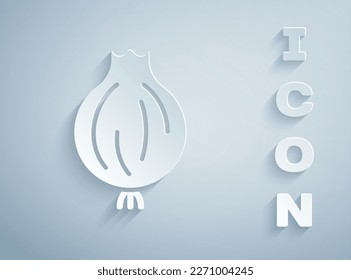 Paper cut Garlic icon isolated on grey background. Paper art style. Vector