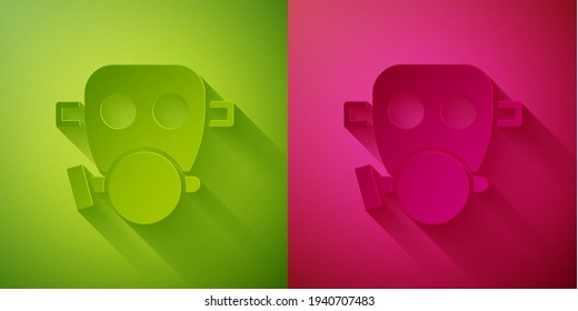 Paper cut Gas mask icon isolated on green and pink background. Respirator sign. Paper art style. Vector