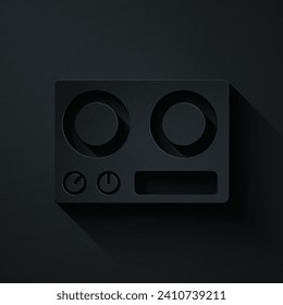 Paper cut Gas stove icon isolated on black background. Cooktop sign. Hob with four circle burners. Paper art style. Vector