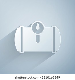 Paper cut Gas tank for vehicle icon isolated on grey background. Gas tanks are installed in a car. Paper art style. Vector