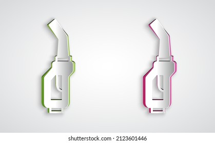 Paper cut Gasoline pump nozzle icon isolated on grey background. Fuel pump petrol station. Refuel service sign. Gas station icon. Paper art style. Vector