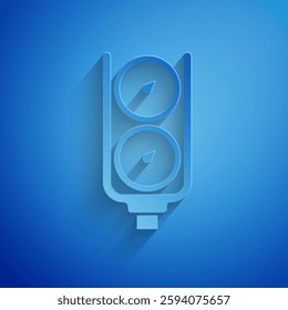 Paper cut Gauge scale icon isolated on blue background. Satisfaction, temperature, manometer, risk, rating, performance, speed tachometer. Paper art style. Vector
