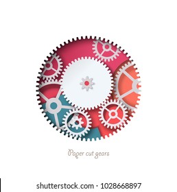 Paper cut gear abstract design. Colorful 3D gear mechanism. Modern vector illustration. Banner, card.