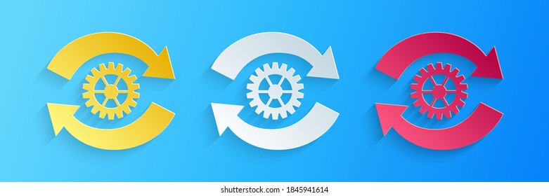 Cortar papel Engranaje y flechas como icono de concepto de flujo de trabajo aislado en fondo azul. Signo de recarga de engranajes. Estilo de arte de papel. Vector.