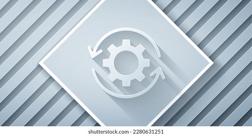 Papierschnitt-Zahnräder und Pfeile als Symbol für das Workflow-Konzept einzeln auf grauem Hintergrund. Rücklade-Schild des Fanggeräts. Kunststil aus Papier. Vektorgrafik
