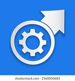 Paper cut Gear and arrows as workflow process concept icon isolated on blue background. Gear reload sign. Paper art style. Vector Illustration