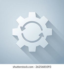 Paper cut Gear and arrows as workflow concept icon isolated on grey background. Gear reload sign. Paper art style. Vector Illustration