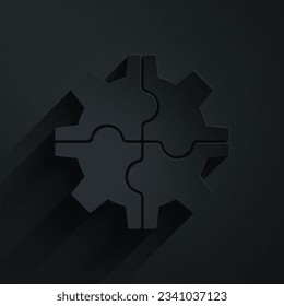 Paper cut Gear icon isolated on black background. Cogwheel gear settings sign. Cog symbol. Paper art style. Vector Illustration