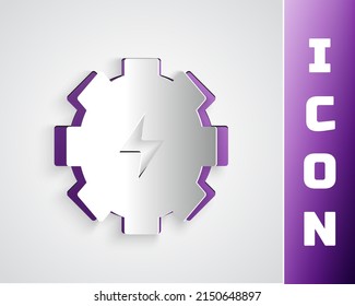 Paper cut Gear and lightning icon isolated on grey background. Electric power. Lightning bolt sign. Paper art style. Vector