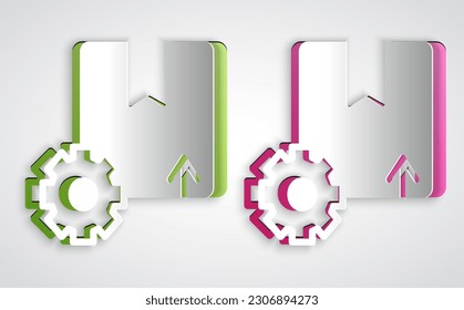 Papierschnitt Zahnrad mit Verpackungskastensymbol einzeln auf grauem Hintergrund. Box, Verpackung, Paketzeichen. Lieferung und Verpackung. Kunststil aus Papier. Vektorgrafik