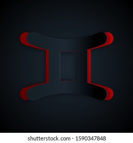 Paper cut Gemini zodiac sign icon isolated on black background. Astrological horoscope collection. Paper art style. Vector Illustration