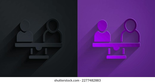 Paper cut Gender equality icon isolated on black on purple background. Equal pay and opportunity business concept. Paper art style. Vector