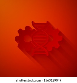 Paper cut Gene editing icon isolated on red background. Genetic engineering. DNA researching, research. Paper art style. Vector Illustration