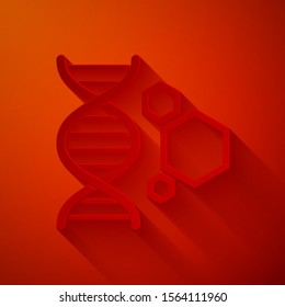 Paper cut Genetic engineering icon isolated on red background. DNA analysis, genetics testing, cloning, paternity testing. Paper art style. Vector Illustration