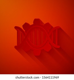 Paper cut Genetic engineering icon isolated on red background. DNA analysis, genetics testing, cloning, paternity testing. Paper art style. Vector Illustration
