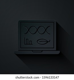 Paper cut Genetic engineering modification on laptop icon isolated on black background. DNA analysis, genetics testing, cloning. Paper art style. Vector Illustration
