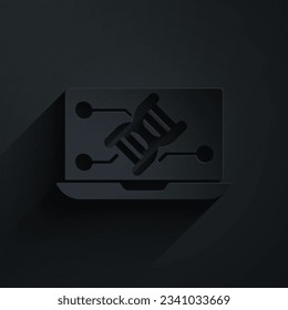 Recorte de papel Modificación de ingeniería genética en ícono de portátil aislado en fondo negro. análisis de ADN, pruebas genéticas, clonación. Estilo de arte de papel. Vector