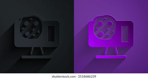 Paper cut Genetic engineering modification on laptop icon isolated on black on purple background. DNA analysis, genetics testing, cloning. Paper art style. Vector
