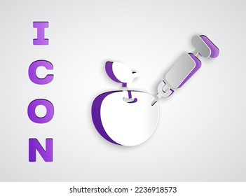 Paper cut Genetically modified apple icon isolated on grey background. GMO fruit. Syringe being injected to apple. Paper art style. Vector