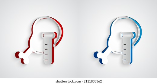 Paper cut Genetically modified chicken icon isolated on grey background. Syringe being injected to chicken. Paper art style. Vector