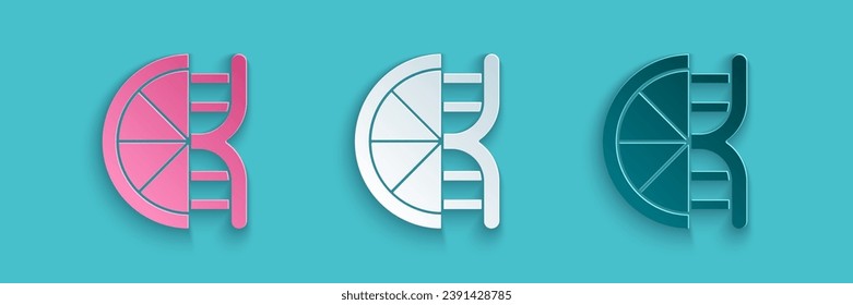 Paper cut Genetically modified citrus fruit icon isolated on blue background. Orange in a cut. Healthy lifestyle. GMO fruit. Paper art style. Vector