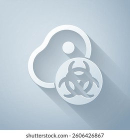Paper cut Genetically modified meat icon isolated on grey background. Syringe being injected to meat. Paper art style. Vector