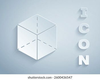 Paper cut Geometric figure Cube icon isolated on grey background. Abstract shape. Geometric ornament. Paper art style. Vector
