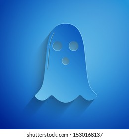Paper cut Ghost icon isolated on blue background. Happy Halloween party. Paper art style. Vector Illustration