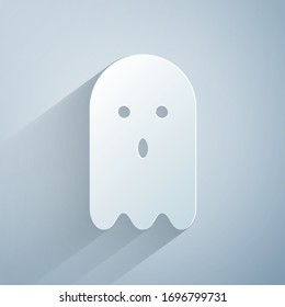 Paper cut Ghost icon isolated on grey background. Paper art style. Vector Illustration