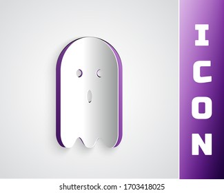 Paper cut Ghost icon isolated on grey background. Paper art style. Vector Illustration