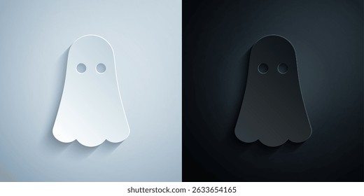Paper cut Ghost icon isolated on grey and black background. Happy Halloween party. Paper art style. Vector