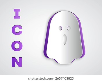 Icono de fantasma de corte de papel aislado sobre fondo gris. Feliz Halloween. Estilo de arte de papel. Vector