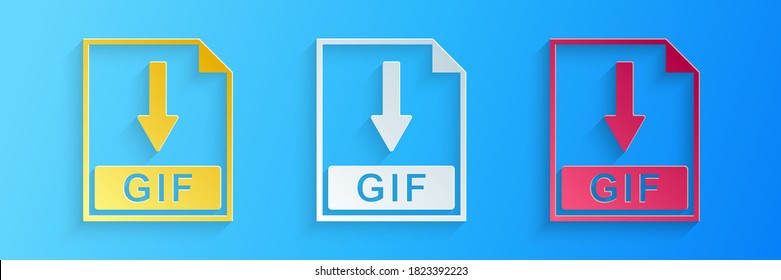 Paper cut GIF file document icon. Download GIF button icon isolated on blue background. Paper art style. Vector.