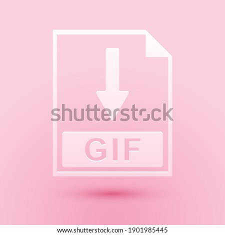 Paper cut GIF file document icon. Download GIF button icon isolated on pink background. Paper art style. Vector.