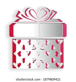 Paper cut Gift box and heart icon isolated on white background. Packaging Valentine's Day. Beautiful festive box tied with ribbon and bow on top. Paper art style. Vector.