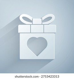 Paper cut Gift box and heart icon isolated on grey background. 8 March. International Happy Women Day. Paper art style. Vector Illustration