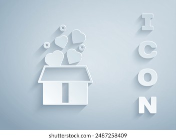 Paper cut Gift box with hearts icon isolated on grey background. Valentines day. Paper art style. Vector